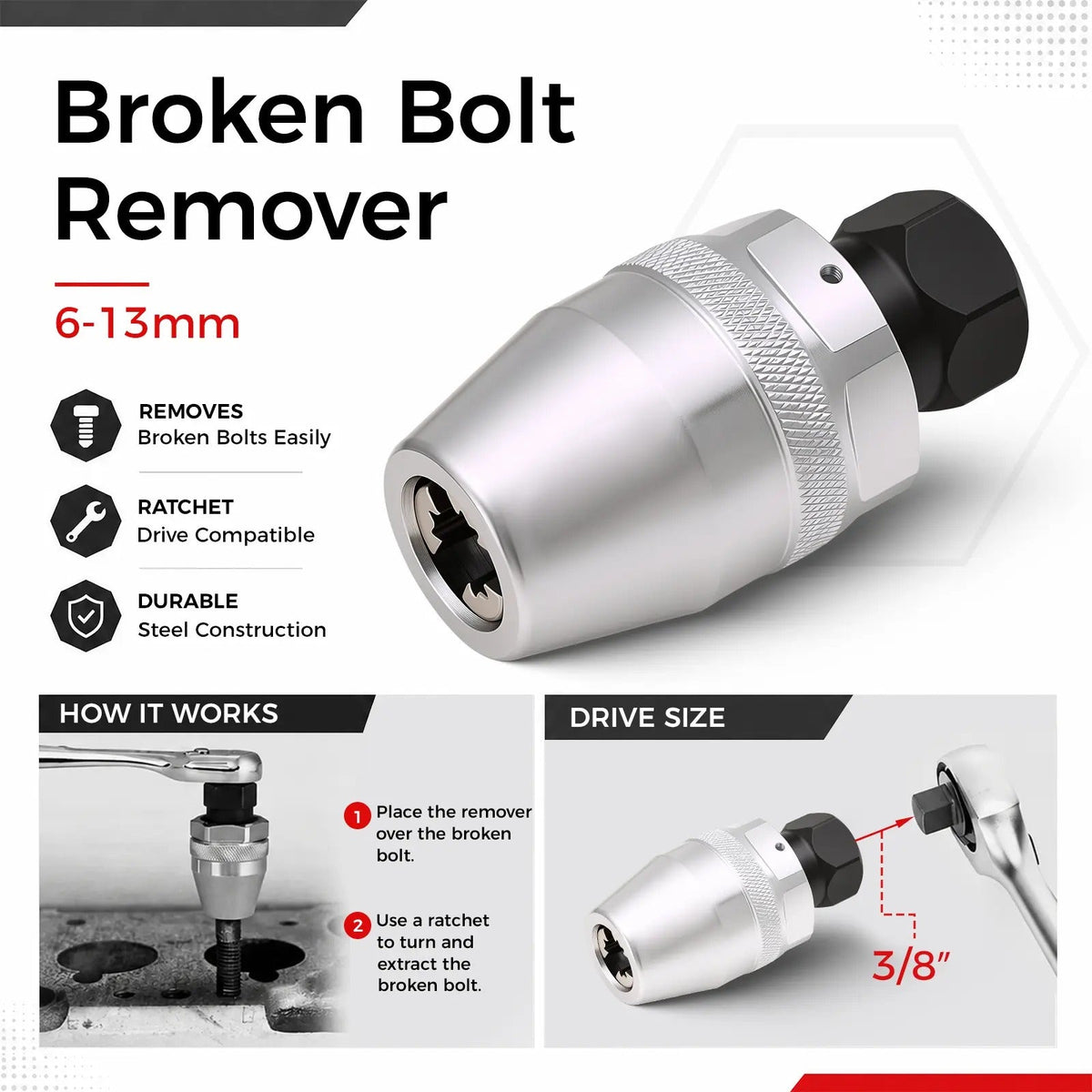 6-13mm Broken Bolt Extractor Set - Metal Damaged Stud Remover Tool for Impact Wrench and Ratchet, Non-Electric Manual Operation
