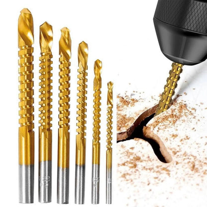 6-Pack Titanium-Plated High-Speed Steel Power Drill Bits Set, Straight Shank Durable Construction, Wear-Resistant Titanium Coating for Wood & Plastic Drilling, Drilling Only Not for Cutting Drillbits Metal Drill Bits