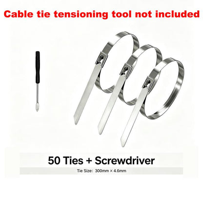 Heavy‑Duty 304 Stainless Steel Cable Tie Tensioning Tool Set | 11.8 Inch Self‑Locking Metal Zip Ties + Removal Screwdriver, Rustproof Metal Cable Ties for Car, Fencing, Plumbing & Outdoor Projects
