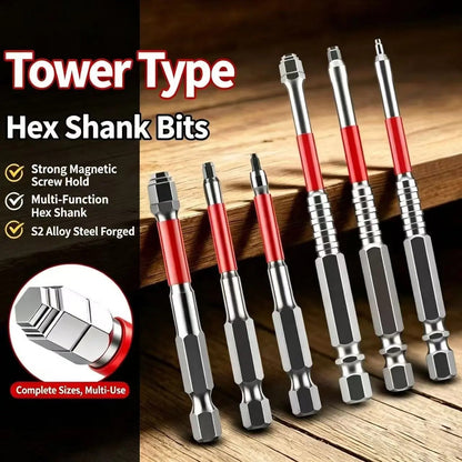6-Piece Metal Hex Socket Screwdriver Bit Set - Hex Shanks, Pagoda Centering Internal Design, Magnetic Tips, 1.5mm-6mm Nut Tightening, Torque Boost, Compatible with Drills/Wrenches, for Hand Tools, Tools and Gadgets, Construction, Household Work
