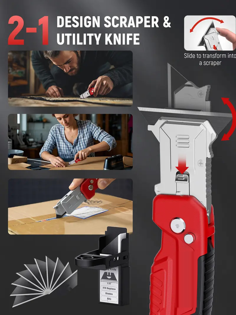 2-in-1 Utility Knife Scraper,Folding Utility Scraper Tool,Heavy-Duty Zinc Alloy Body, SK2 Black Blade Storage & Replacements, Razor Blade Scraper, Cardboard Cutter, EDC Tools and Gadgets for Home, Office