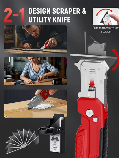 2-in-1 Utility Knife Scraper,Folding Utility Scraper Tool,Heavy-Duty Zinc Alloy Body, SK2 Black Blade Storage & Replacements, Razor Blade Scraper, Cardboard Cutter, EDC Tools and Gadgets for Home, Office