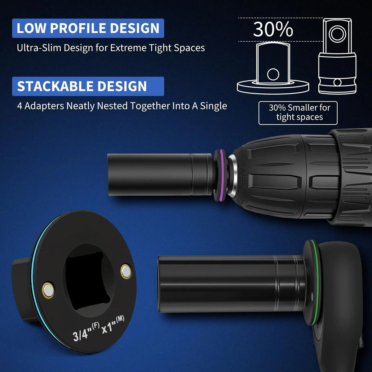 2026 Upgraded Low Profile Impact Socket Adapter Set, 4PCS Stubby Drive Ratchet Adapters, 1/4" to 3/8", 3/8" to 1/2", 1/2" to 3/4", 3/4" to 1", Compact Tools for Tight Spaces, Perfect Father's Day Gift