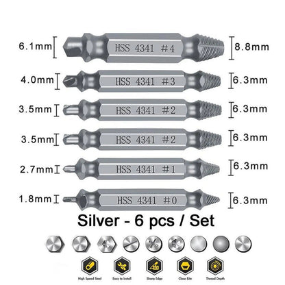 6-Count Broken Screw & Bolt Extractor Set, Double-Head Design Hardware Tool for Broken Bolt Fix, Sliding Tooth Fix & Damaged Screws, Clip-On Bit Power Tool Accessory for Household Repair