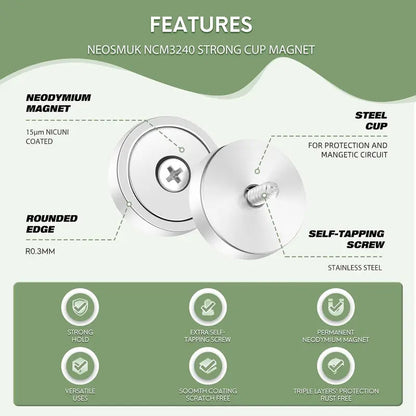 10 Packs Round Magnets with Hole, Strong Magnets Heavy Duty for Wall Mounting, Neodymium Cup Magnet with Holes in The Center, Screws for Tool Room,Industrial