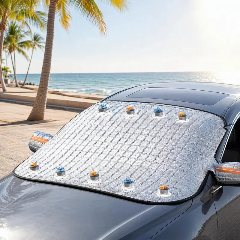 Thick Quilted Car Windshield Snow & Frost Cover, All-Season Waterproof Ice Sun Shield With Mirror Sleeves, Windproof Suction Cup Fixing, Anti-Dust UV Protection For Sedans SUVs Trucks, Skip Daily Morning Ice Scraping