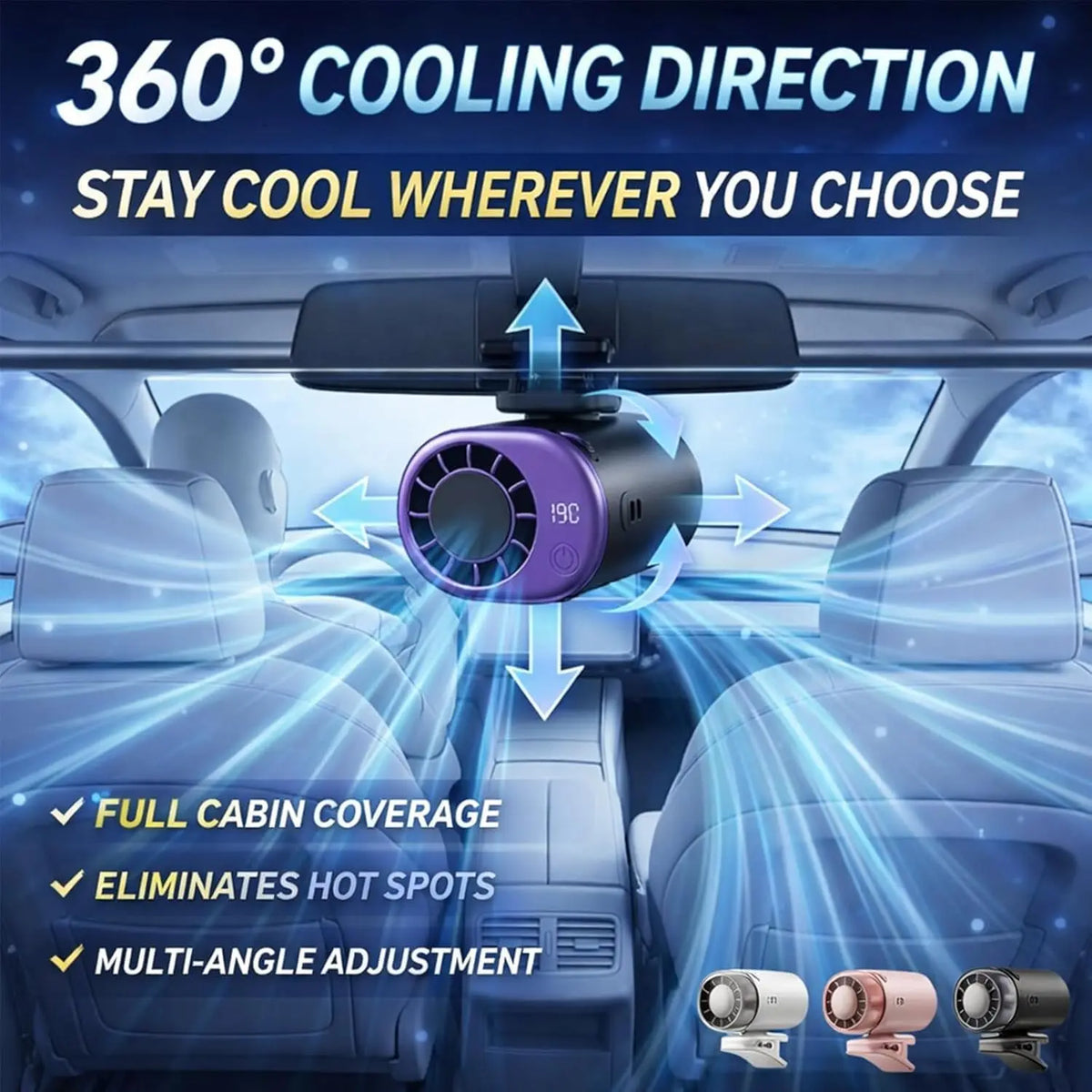2026 New Car Clip On Air Conditioner Fan with LED Display - 360° Rotation, Portable Mini Cooling System for Auto Vehicle USB Rechargeable, 199 Speeds Adjustable, 16℃ Semi-Cooling Wide Clamp