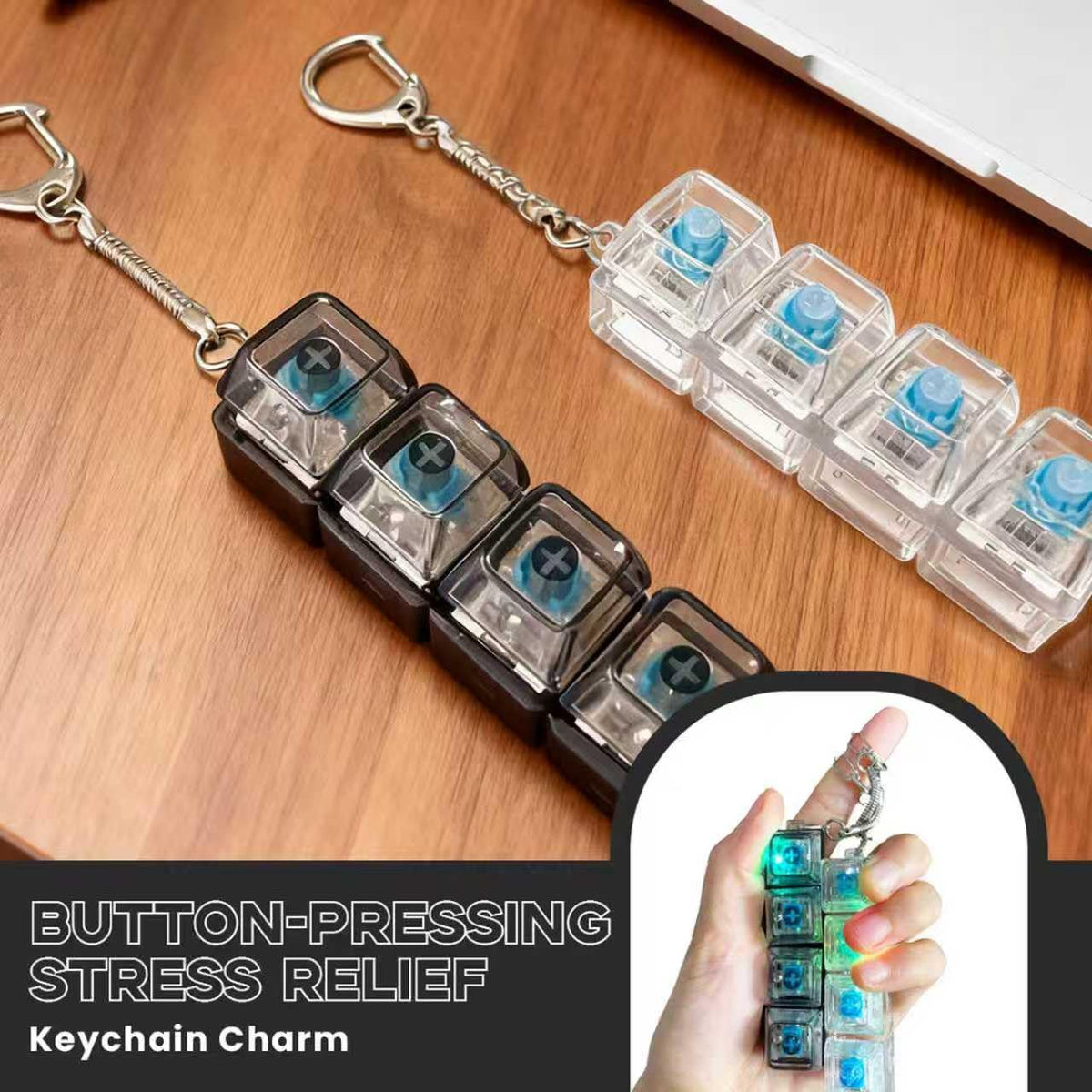 Glowing Keyboard Fidget Keychain, 4-In-1 Decompression Button, Stress Relief Fidget Gift, Transparent Color/, 1 Pcs