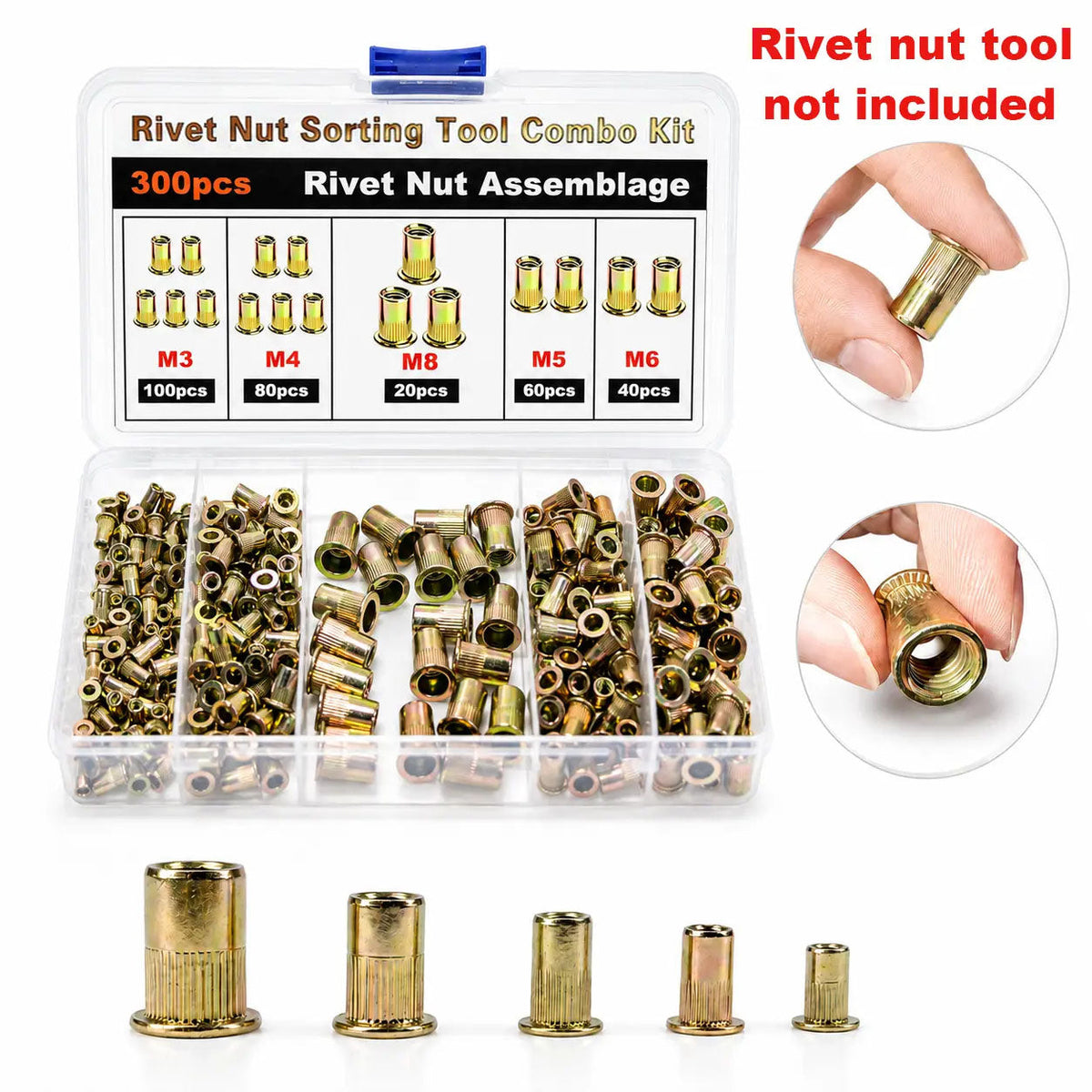 Herramienta para tuercas remachables, kit de tuercas remachables M3 M4 M5 M6 M8, juego de tuercas remachables de acero al carbono, kit de tuercas remachables roscadas, accesorio de herramienta remachadora manual para almacenes de reparación de automóviles