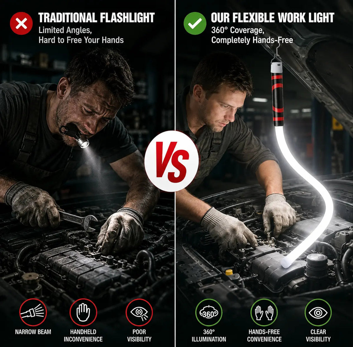 Linterna LED flexible de 29" – Luz de trabajo LED recargable, flexible, de alto lumen, manos libres para reparación de automóviles, debajo del capó, garaje, mecánica, bricolaje, camping y emergencias en carretera, Summervibes