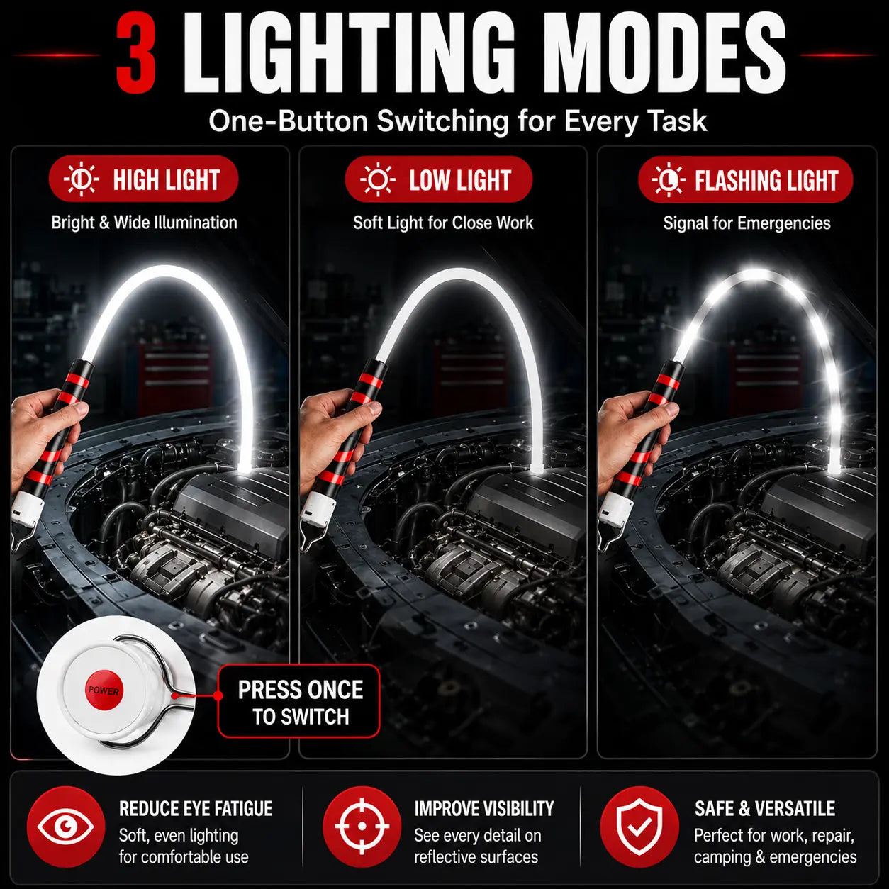 Linterna LED flexible de 29" – Luz de trabajo LED recargable, flexible, de alto lumen, manos libres para reparación de automóviles, debajo del capó, garaje, mecánica, bricolaje, camping y emergencias en carretera, Summervibes