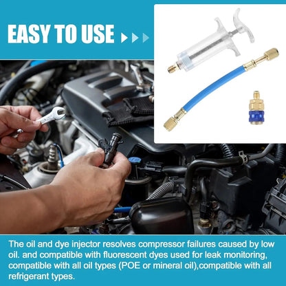 Kit de inyectores de aceite y tinte 30ml/1 Oz, inyector manual de tinte de aceite AC de compresor de empuje manual con acoplador rápido, conector SAE de 1/4, inyector de tinte de aceite de compresor HVAC para automóvil, herramienta de refrigerante