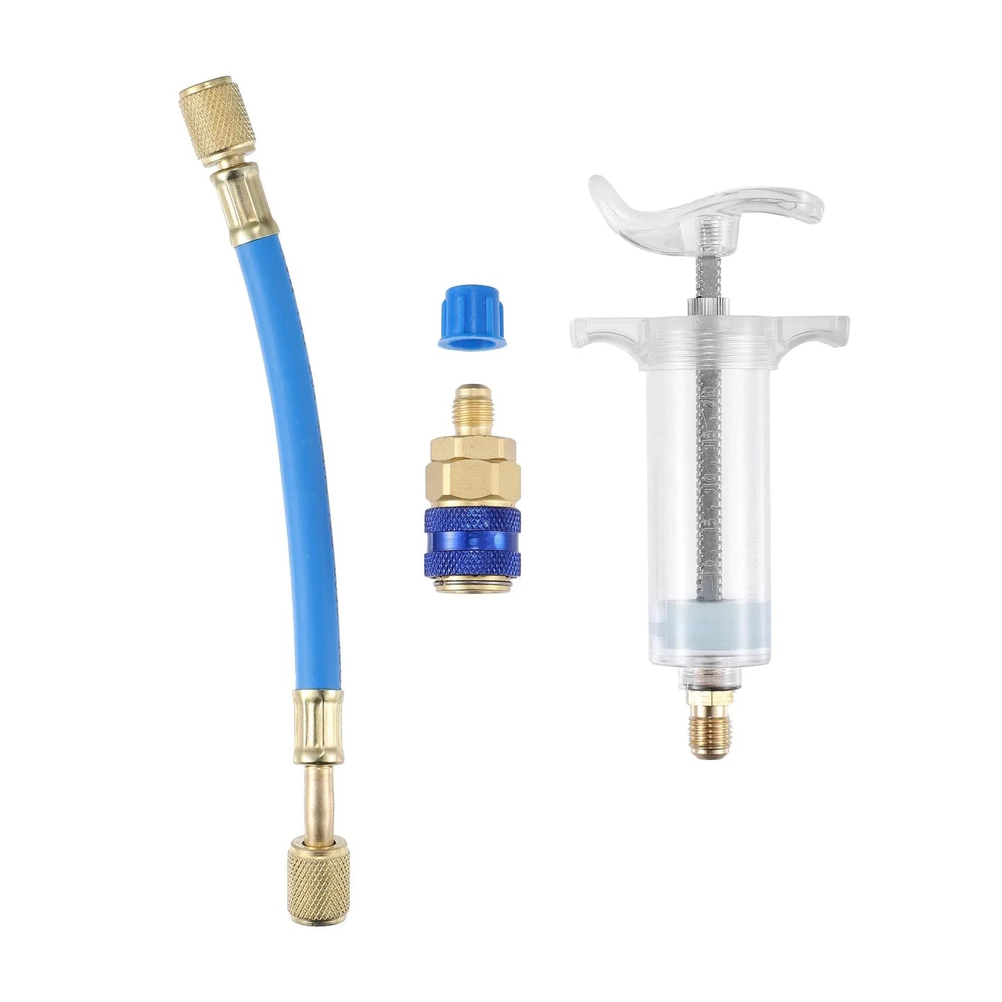 Kit de inyectores de aceite y tinte 30ml/1 Oz, inyector manual de tinte de aceite AC de compresor de empuje manual con acoplador rápido, conector SAE de 1/4, inyector de tinte de aceite de compresor HVAC para automóvil, herramienta de refrigerante