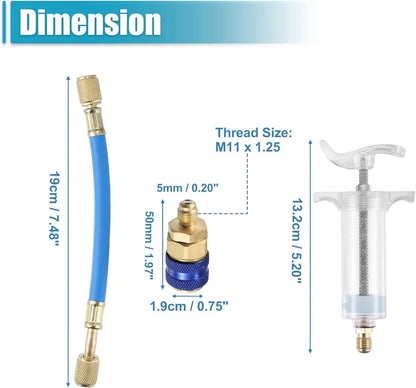 Kit de inyectores de aceite y tinte 30ml/1 Oz, inyector manual de tinte de aceite AC de compresor de empuje manual con acoplador rápido, conector SAE de 1/4, inyector de tinte de aceite de compresor HVAC para automóvil, herramienta de refrigerante