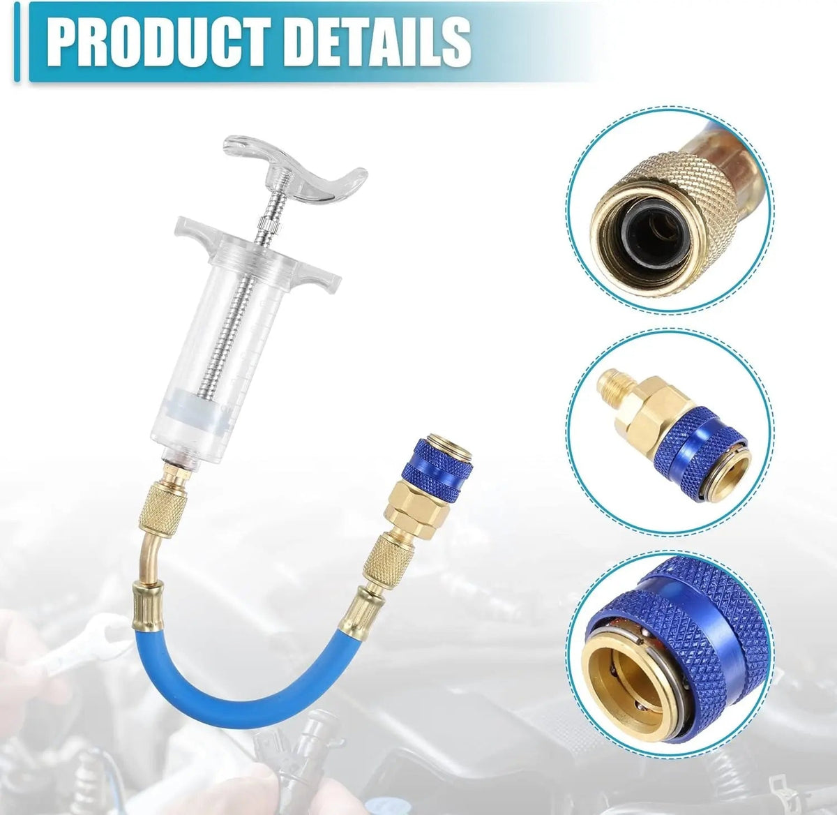 Kit de inyectores de aceite y tinte 30ml/1 Oz, inyector manual de tinte de aceite AC de compresor de empuje manual con acoplador rápido, conector SAE de 1/4, inyector de tinte de aceite de compresor HVAC para automóvil, herramienta de refrigerante
