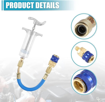 Kit de inyectores de aceite y tinte 30ml/1 Oz, inyector manual de tinte de aceite AC de compresor de empuje manual con acoplador rápido, conector SAE de 1/4, inyector de tinte de aceite de compresor HVAC para automóvil, herramienta de refrigerante