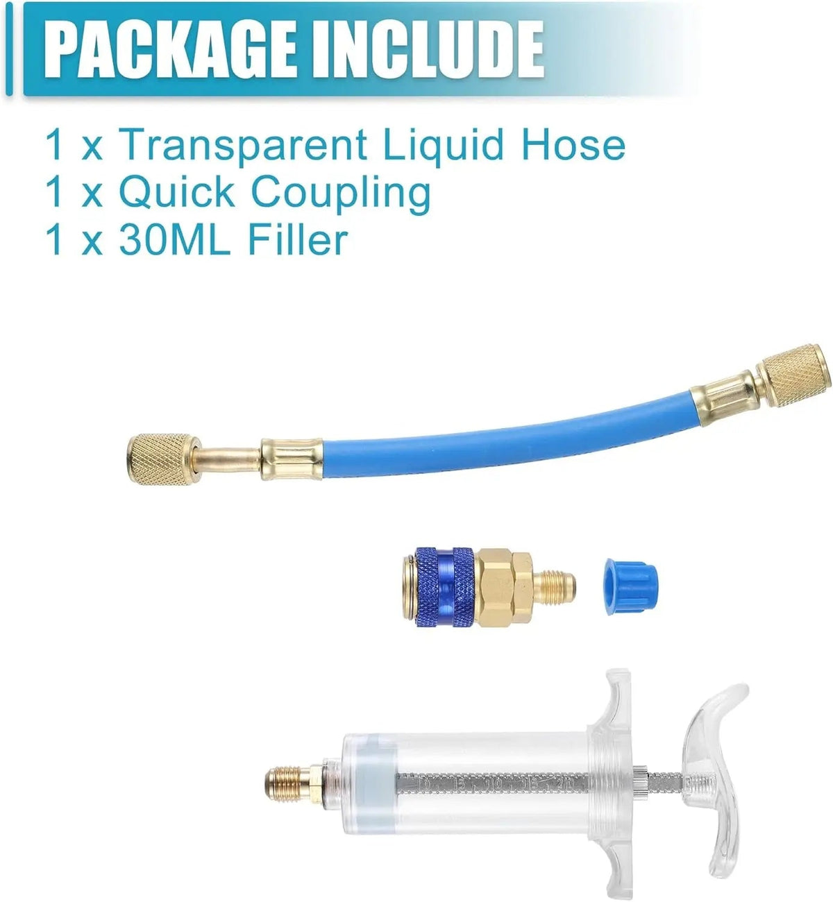Kit de inyectores de aceite y tinte 30ml/1 Oz, inyector manual de tinte de aceite AC de compresor de empuje manual con acoplador rápido, conector SAE de 1/4, inyector de tinte de aceite de compresor HVAC para automóvil, herramienta de refrigerante
