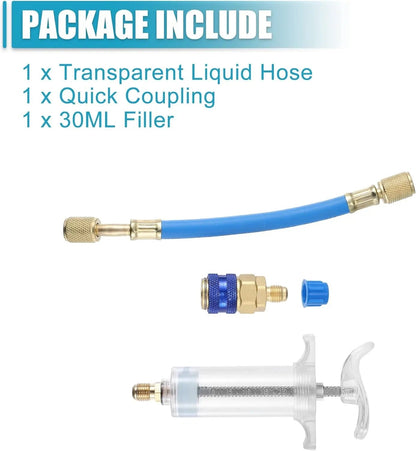 Kit de inyectores de aceite y tinte 30ml/1 Oz, inyector manual de tinte de aceite AC de compresor de empuje manual con acoplador rápido, conector SAE de 1/4, inyector de tinte de aceite de compresor HVAC para automóvil, herramienta de refrigerante