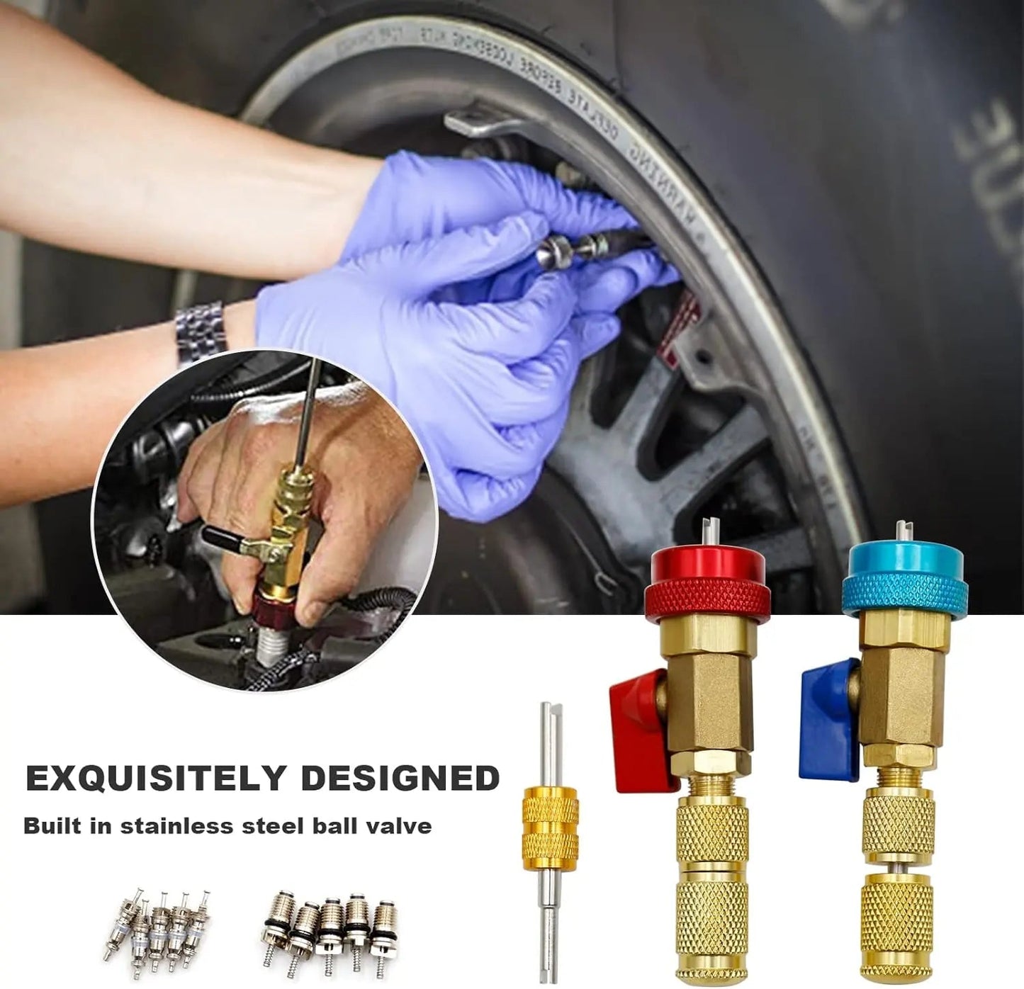 R134A Valve Core Remover Installer, High Low Pressure AC Valve Core Tool Kit for R134A Refrigerant System