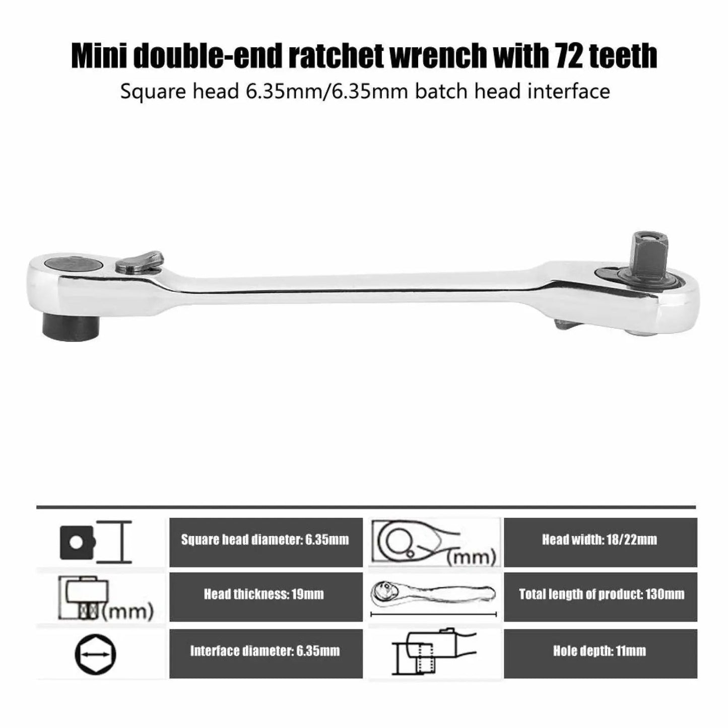 Silver Ratchet Wrench 1/4 Inch Mini Double Headed 72 Tooth Drive Socket (Bits Not Included), Ratchet Set Rotator Practical Accessories Tool, 5 Degrees Quick Install Release